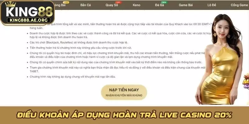 Điều khoản áp dụng hoàn trả Live Casino 20%